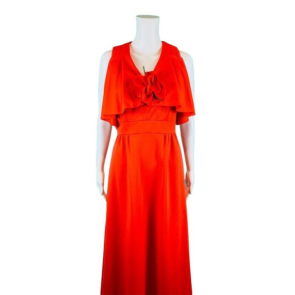 Vintage 1970s Maxi Party Dress Red Flutter Top Leslie Fay Flower Pin | W 27" - Picture 3 of 10